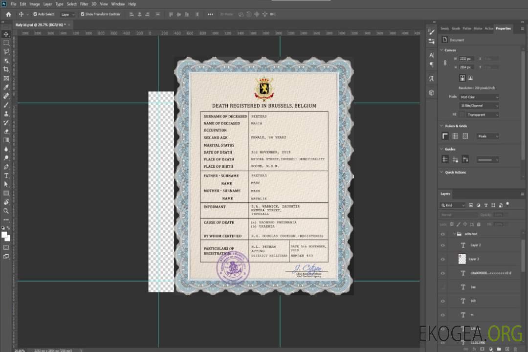 Modèle PSD de certificat de décès de l'état civil de la Belgique template Modèle PSD de certificat de décès de l'état civil de la Belgique template